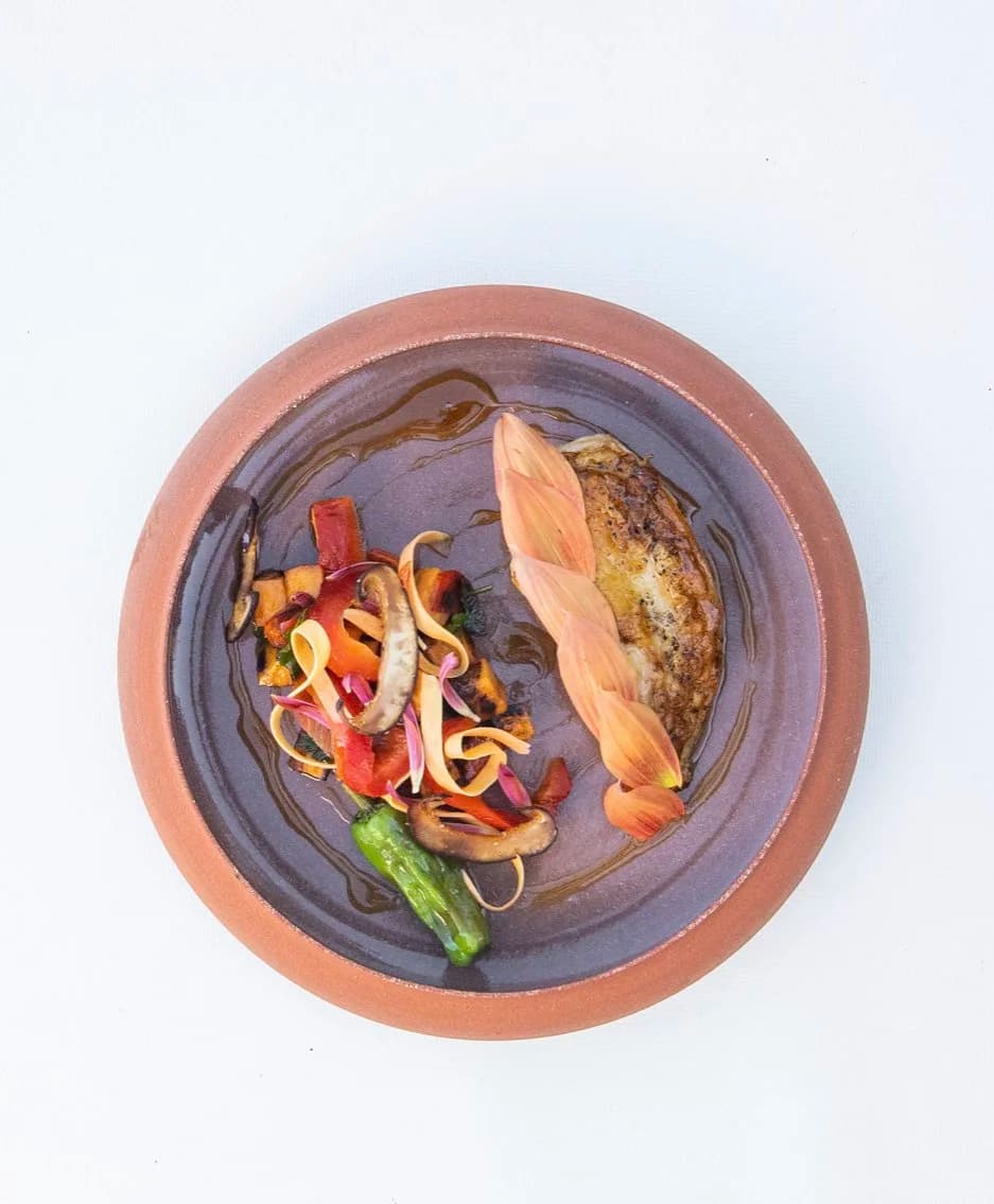 Minimalist plated entree on earthenware