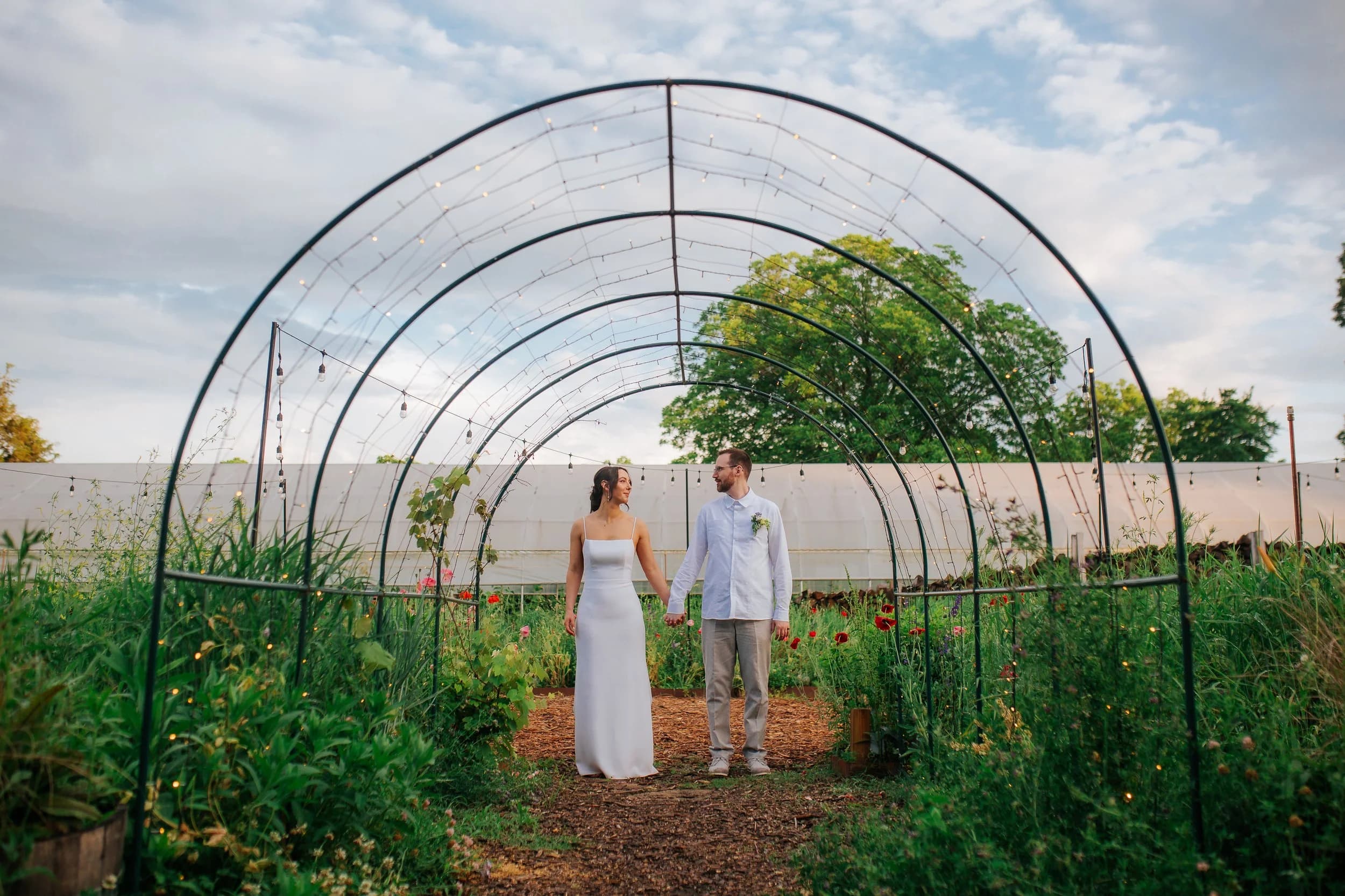 Bride and groom holding hands under the metal garden arches